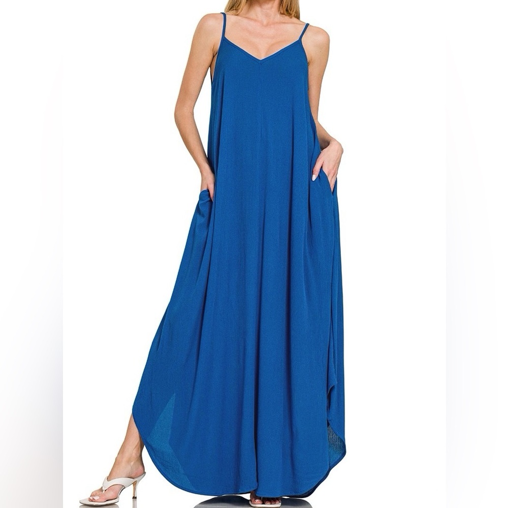 NWT Zenana Classic Blue Woven Crinkle Cami Style Maxi Dress with Pockets